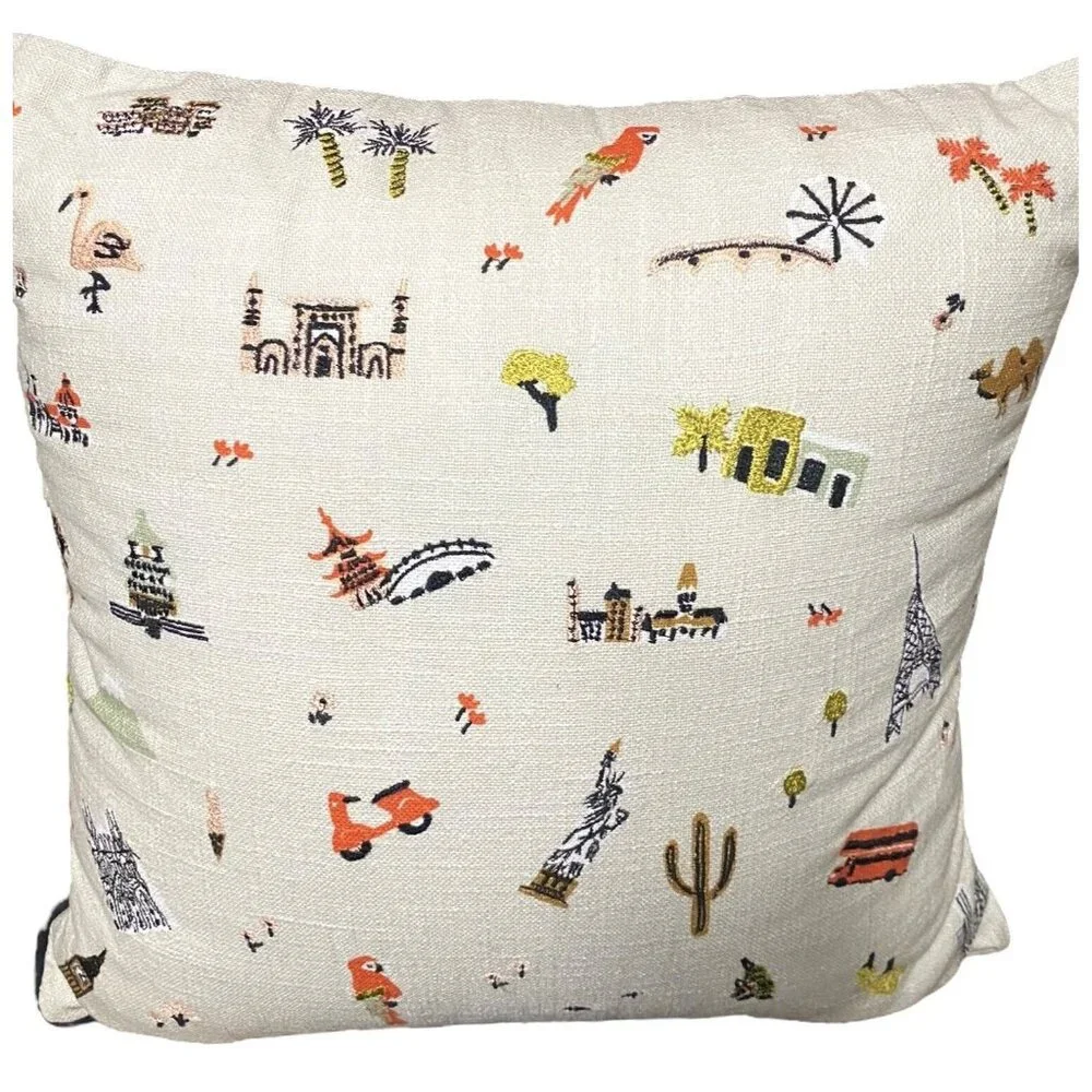 Rifle‎ Paper Throw Pillow Wanderlust Landmark Loloi Pillow 18x18 Embroidered